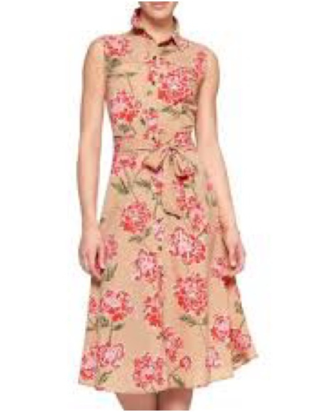 Banana Republic Beige Sleeveless Floral Midi Dress with Tie Waist